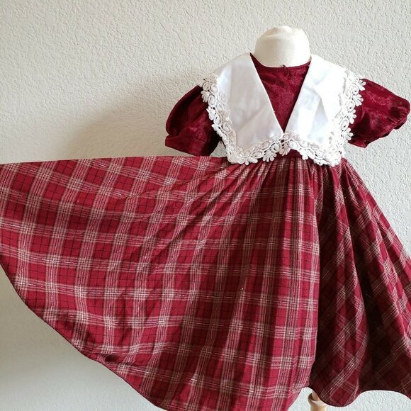 Vtg Sunny Angeles USA Plaid Christmas Large Collar Velour Circle Skirt Dress 4T - Picture 2 of 12